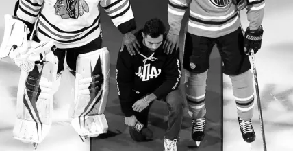 Silent Protest: Hockey player taking a knee during the national anthem, demonstrating a peaceful stance for social justice and equality.